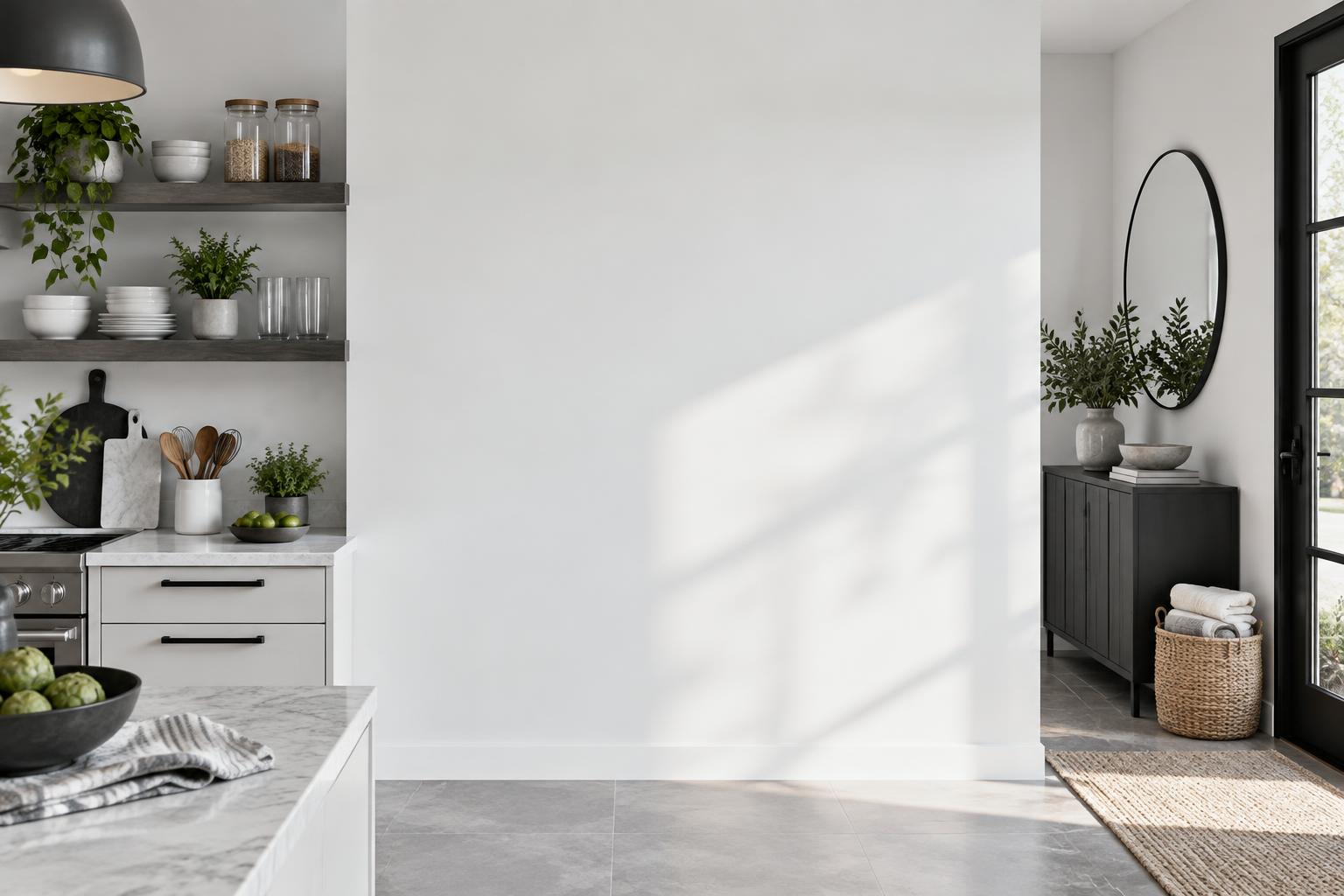 Organized modern home with open kitchen shelves and tidy entryway