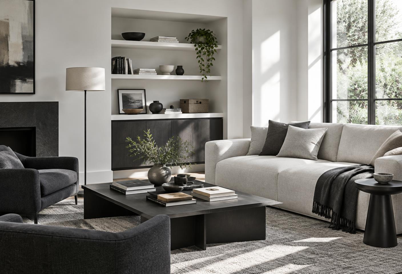Calm, organized modern living room